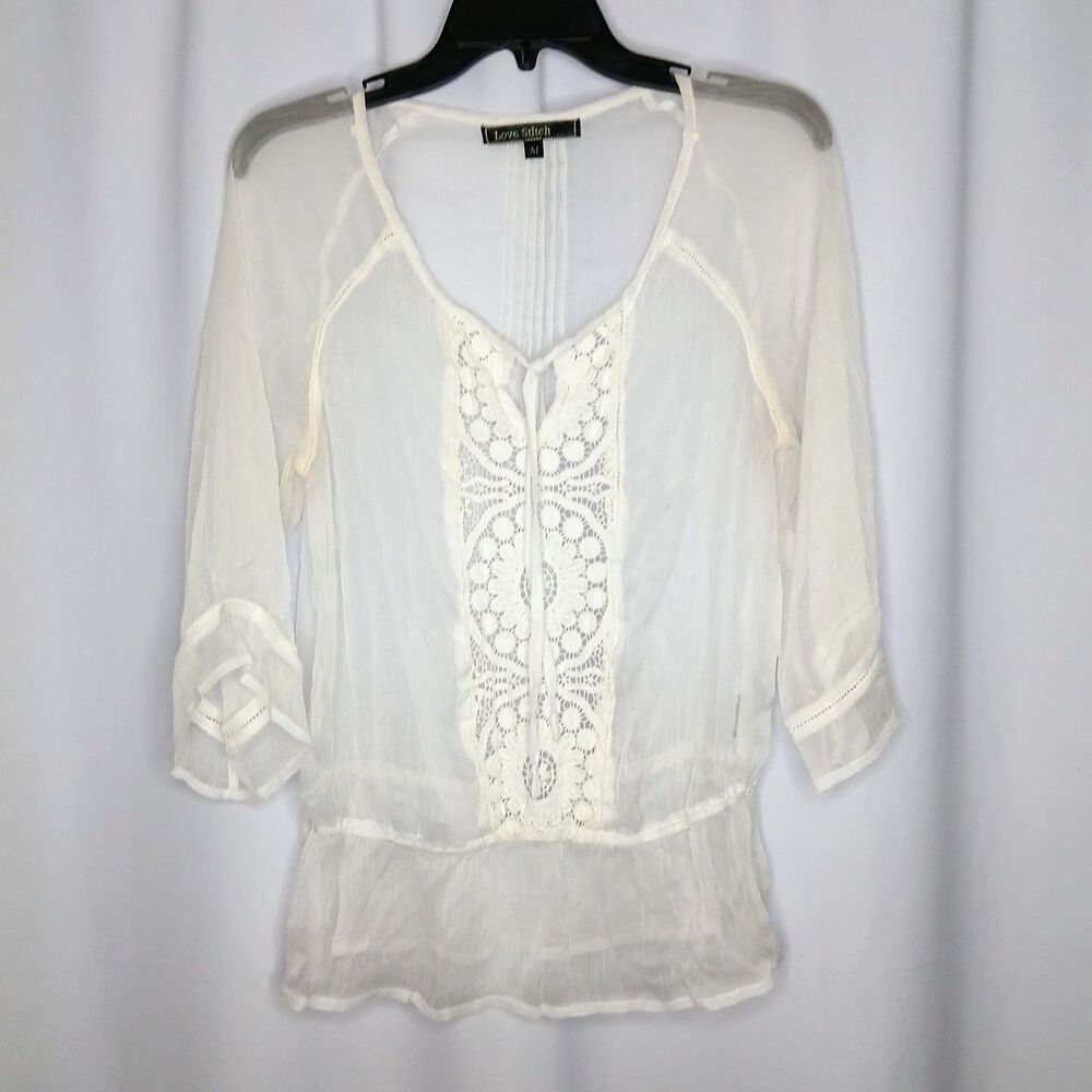 Love Stitch Sheer Blouse 3/4 Slve Floral Lace Peplum Oversized White Womens Med